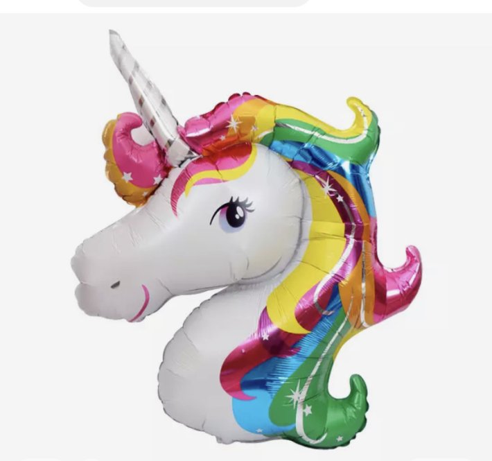 בלון הליום בצורת חד קרן עם רעמה צבעונית בגווני ורוד, צהוב, כחול וירוק, וקרן מנצנצת