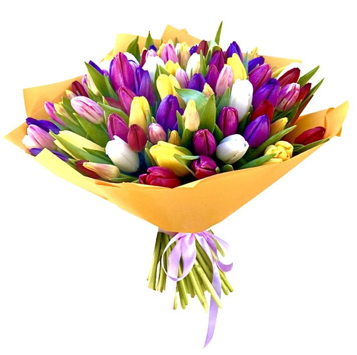 זר צבעונים מרהיב עם פרחים בגווני סגול, צהוב, ורוד, לבן ואדום, עטוף בנייר כתום עליז להשלמת המראה החגיגי והאביבי